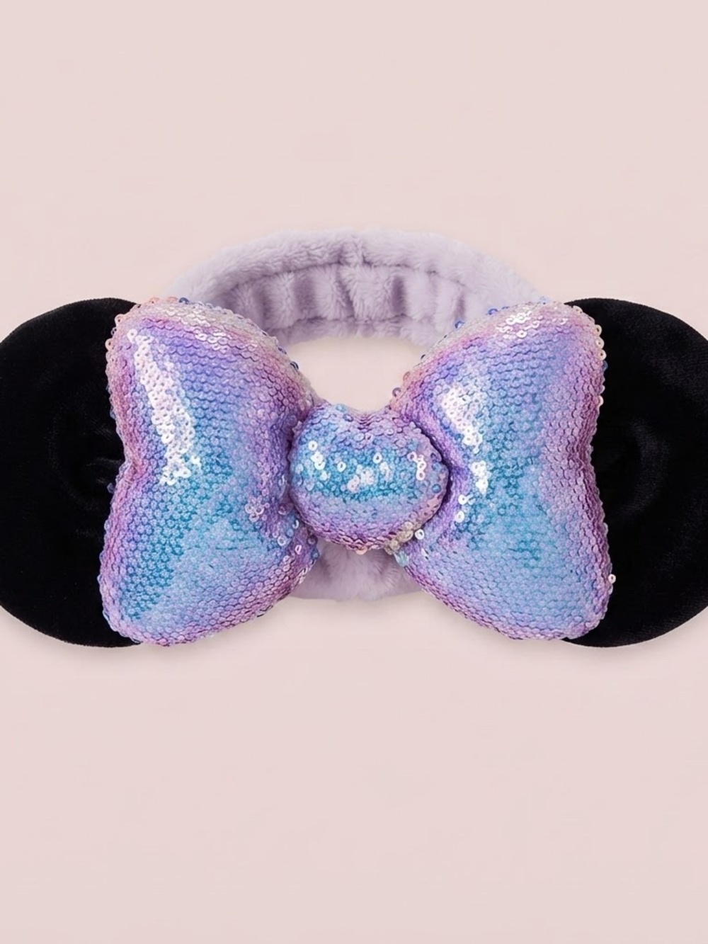 Sequin Heart Bow Ear Headband - Black & Iridescent Pink